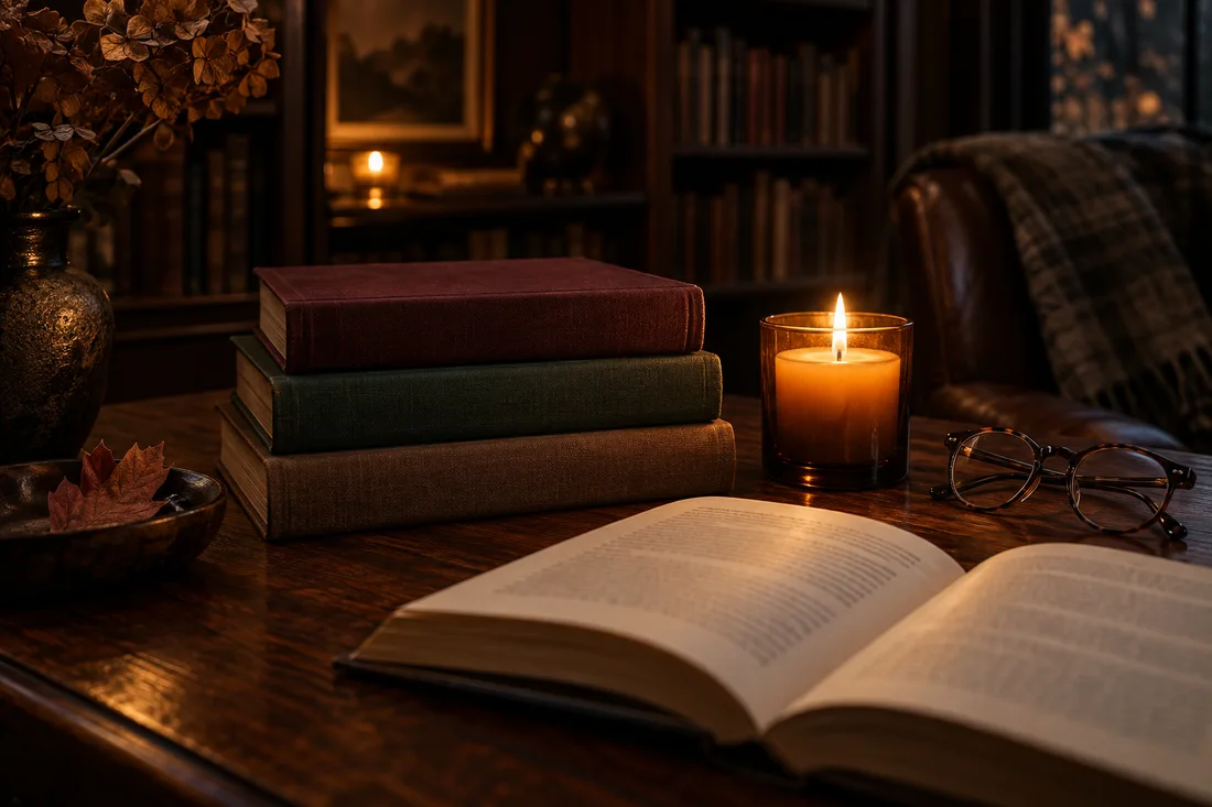 Realistic clothbound books and amber candlelight on a dark library table.