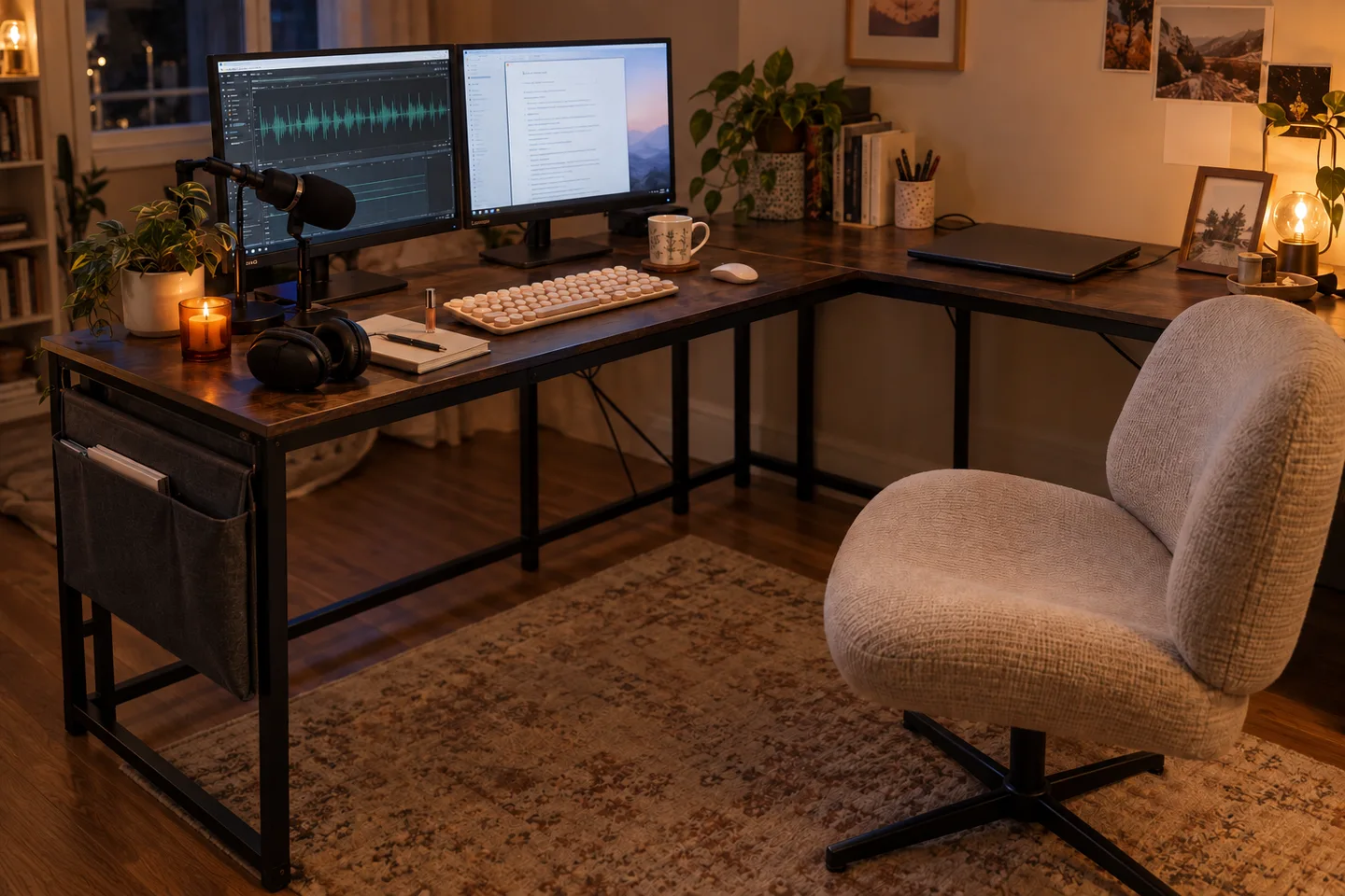 Editorial recreation of a brown L-shaped metal-frame desk, dual monitors, pastel keyboard and mouse, podcast mic, secondary laptop and wide beige criss-cross chair.