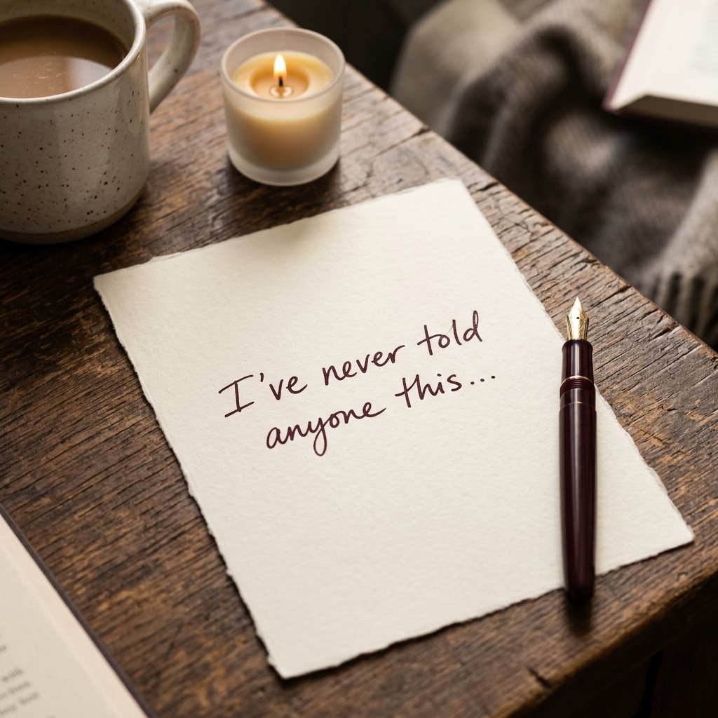 A handwritten note reading 'I've never told anyone this...' on a wooden table with coffee and a candle